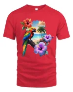 Tropical Parrot Beach Sunset Graphic T Shirt Island Vibes Tee - red t-shirt on white background