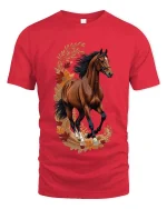 Elegant Running Horse Floral Graphic T Shirt Nature Style Tee - red t-shirt on white background
