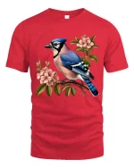 Blue Jay Bird Blossom Graphic T Shirt Elegant Nature Art Tee - red t-shirt on white background