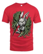 Dark Rabbit Cthulhu Graphic T Shirt Creepy Fantasy Bunny Tee - red t-shirt on white background