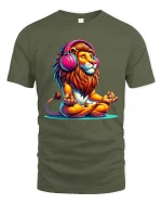 Chill Lion With Headphones Graphic T Shirt Zen Music Vibes Tee - military green t-shirt on white background