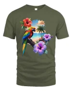 Tropical Parrot Beach Sunset Graphic T Shirt Island Vibes Tee - military green t-shirt on white background