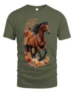 Elegant Running Horse Floral Graphic T Shirt Nature Style Tee - military green t-shirt on white background