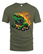 Fire Frog With Chains Graphic T Shirt Cool Burning Amphibian Tee - military green t-shirt on white background