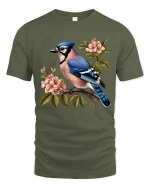 Blue Jay Bird Blossom Graphic T Shirt Elegant Nature Art Tee - military green t-shirt on white background
