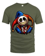 Creepy Smiling Jester Skull Graphic T Shirt Dark Humor Tee - military green t-shirt on white background