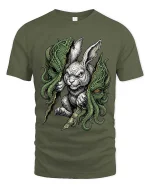 Dark Rabbit Cthulhu Graphic T Shirt Creepy Fantasy Bunny Tee - military green t-shirt on white background
