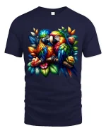 Vibrant Macaw Couple Art Tshirt Exotic Jungle Bird Tee - navy t-shirt on white background