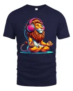 Chill Lion With Headphones Graphic T Shirt Zen Music Vibes Tee - navy t-shirt on white background