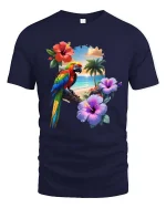 Tropical Parrot Beach Sunset Graphic T Shirt Island Vibes Tee - navy t-shirt on white background