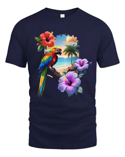 Tropical Parrot Beach Sunset Graphic T Shirt Island Vibes Tee - navy t-shirt on white background