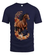 Elegant Running Horse Floral Graphic T Shirt Nature Style Tee - navy t-shirt on white background