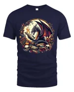 Fantasy Dragon Reading Books Graphic T Shirt Dark Magic Tee - navy t-shirt on white background