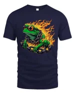 Fire Frog With Chains Graphic T Shirt Cool Burning Amphibian Tee - navy t-shirt on white background