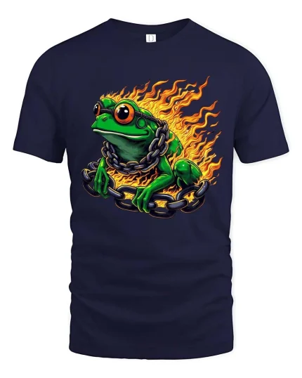 Fire Frog With Chains Graphic T Shirt Cool Burning Amphibian Tee - navy t-shirt on white background