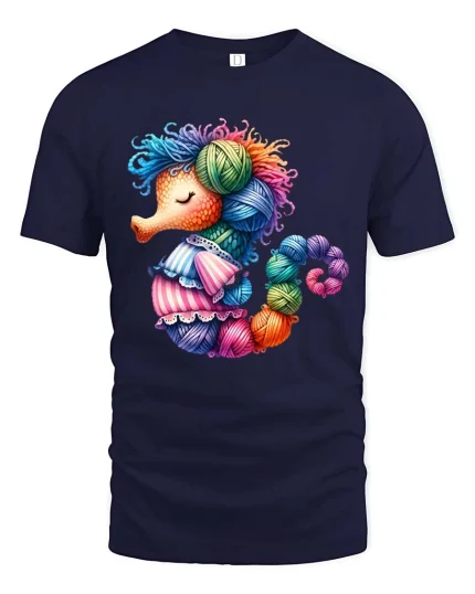 Cute Yarn Seahorse Knitting Lover Colorful Graphic T Shirt - navy t-shirt on white background