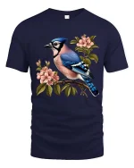Blue Jay Bird Blossom Graphic T Shirt Elegant Nature Art Tee - navy t-shirt on white background