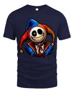Creepy Smiling Jester Skull Graphic T Shirt Dark Humor Tee - navy t-shirt on white background