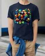 Vibrant Macaw Couple Art Tshirt Exotic Jungle Bird Tee - model wearing navy tee with hands in pockets