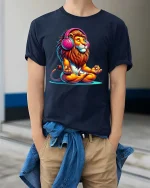 Chill Lion With Headphones Graphic T Shirt Zen Music Vibes Tee - model wearing navy tee with hands in pockets