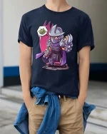 Funny Ninja Turtle Parody Graphic T Shirt Cartoon Villain Tee - model wearing navy tee with hands in pockets