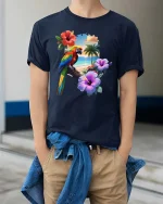 Tropical Parrot Beach Sunset Graphic T Shirt Island Vibes Tee - model wearing navy tee with hands in pockets
