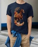 Elegant Running Horse Floral Graphic T Shirt Nature Style Tee - model wearing navy tee with hands in pockets