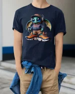Funny Alien Rapper Graphic T Shirt Street Music Creature Tee - model wearing navy tee with hands in pockets