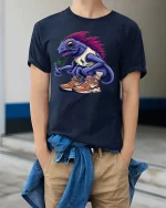 Funny Iguana Sneakerhead Graphic T Shirt Cool Lizard Street Tee - model wearing navy tee with hands in pockets