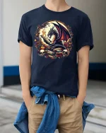 Fantasy Dragon Reading Books Graphic T Shirt Dark Magic Tee - model wearing navy tee with hands in pockets