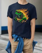 Fire Frog With Chains Graphic T Shirt Cool Burning Amphibian Tee - model wearing navy tee with hands in pockets