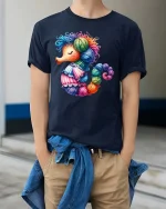 Cute Yarn Seahorse Knitting Lover Colorful Graphic T Shirt - model wearing navy tee with hands in pockets