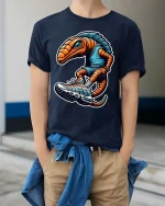 Funny Alien Sneakerhead Graphic T Shirt Cool Space Creature Tee - model wearing navy tee with hands in pockets