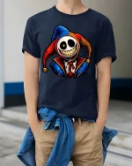 Creepy Smiling Jester Skull Graphic T Shirt Dark Humor Tee - model wearing navy tee with hands in pockets