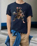 Savage Rat Warrior Graphic T Shirt Funny Tribal Mouse Tee - model wearing navy tee with hands in pockets