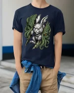 Dark Rabbit Cthulhu Graphic T Shirt Creepy Fantasy Bunny Tee - model wearing navy tee with hands in pockets