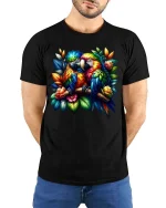 Vibrant Macaw Couple Art Tshirt Exotic Jungle Bird Tee - model wearing black tee with hands behind back