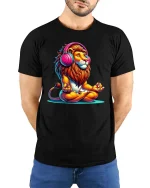 Chill Lion With Headphones Graphic T Shirt Zen Music Vibes Tee - model wearing black tee with hands behind back