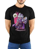 Funny Ninja Turtle Parody Graphic T Shirt Cartoon Villain Tee - model wearing black tee with hands behind back