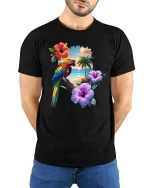 Tropical Parrot Beach Sunset Graphic T Shirt Island Vibes Tee - model wearing black tee with hands behind back