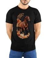 Elegant Running Horse Floral Graphic T Shirt Nature Style Tee - model wearing black tee with hands behind back
