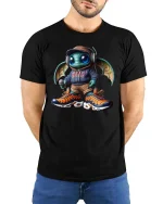 Funny Alien Rapper Graphic T Shirt Street Music Creature Tee - model wearing black tee with hands behind back