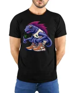 Funny Iguana Sneakerhead Graphic T Shirt Cool Lizard Street Tee - model wearing black tee with hands behind back