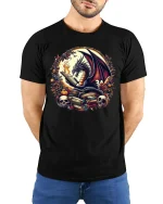 Fantasy Dragon Reading Books Graphic T Shirt Dark Magic Tee - model wearing black tee with hands behind back