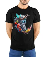 Mysterious Raven Book Pages Graphic T Shirt Dark Literary Tee - model wearing black tee with hands behind back