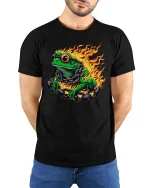 Fire Frog With Chains Graphic T Shirt Cool Burning Amphibian Tee - model wearing black tee with hands behind back