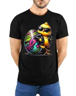 Cool Chick Rock Star Easter Egg Graphic T Shirt Funny Style - model wearing black tee with hands behind back