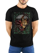 Split Personality Bunny Demon Graphic T Shirt Dark Humor Tee - model wearing black tee with hands behind back
