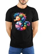 Cute Yarn Seahorse Knitting Lover Colorful Graphic T Shirt - model wearing black tee with hands behind back
