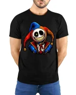 Creepy Smiling Jester Skull Graphic T Shirt Dark Humor Tee - model wearing black tee with hands behind back